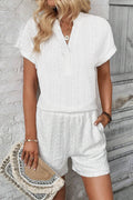 White Eyelets V-neck Blouse and Pockets Shorts Set