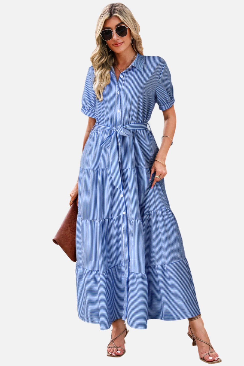 Blue Striped Button Front Belted Shirt Collar Maxi Dress