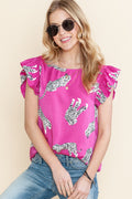 Rose Cheetah Print Ruffle Trim Sleeveless Shirt