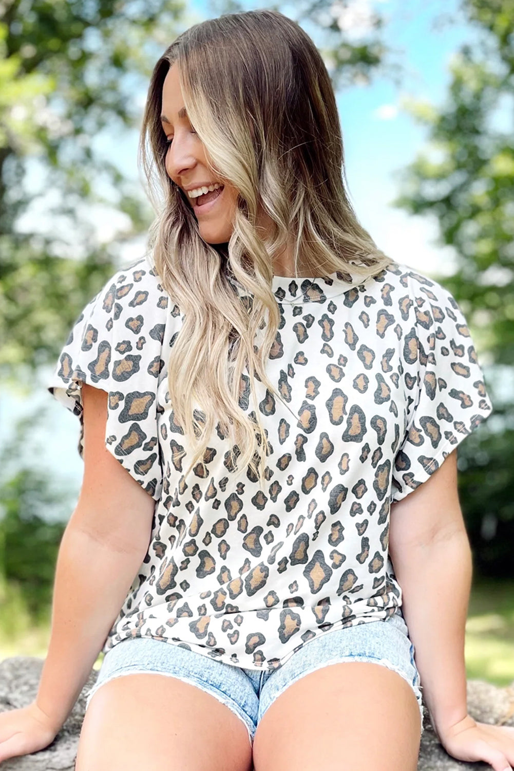 White Leopard Print Ruffle Short Sleeve Blouse