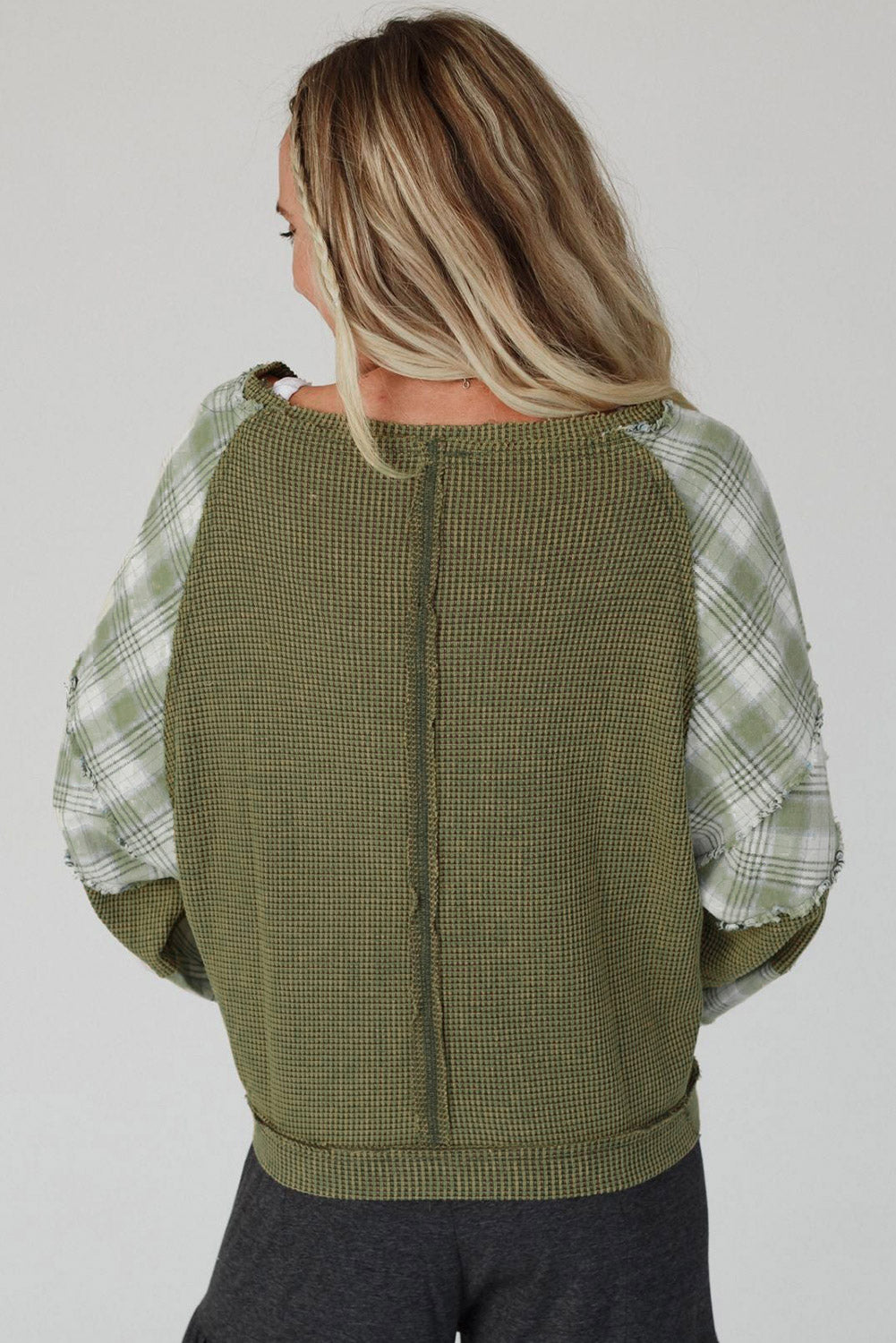 White Plaid Patch Waffle Knit Long Sleeve Top