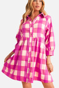 Rose Red Hidden Pocket Plaid Button Down Shirt Dress