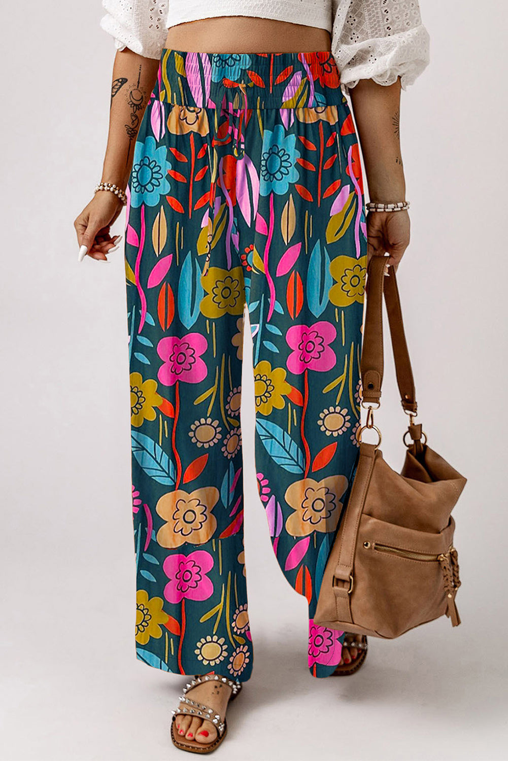 Green Floral Print Smocked Waist Loose Pants