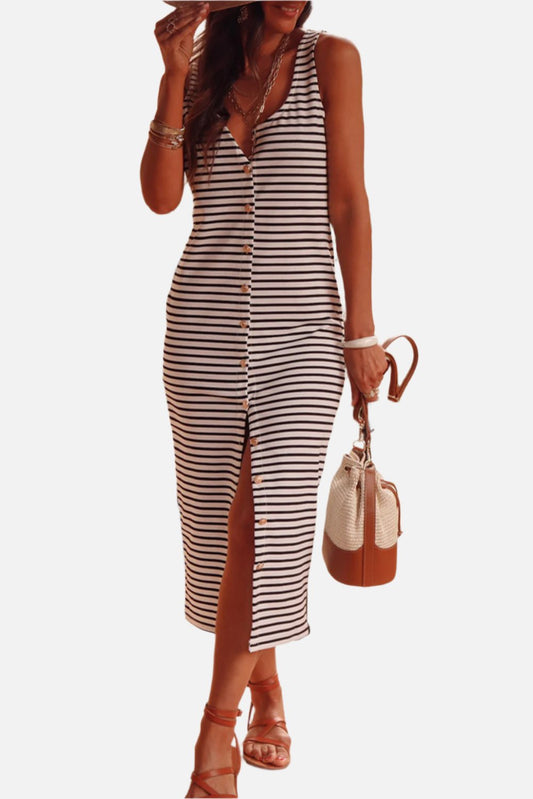 White Stripe Sleeveless Button Front Midi Dress