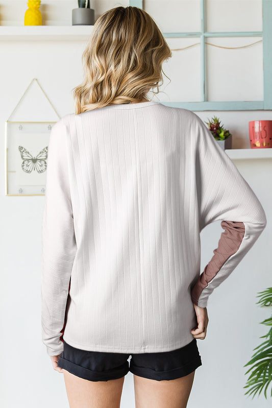 Apricot Colorblock Ribbed Knit Casual Long Sleeve Top