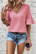 Peach Blossom Ruffled Short Sleeve V Neck Textured Shirt