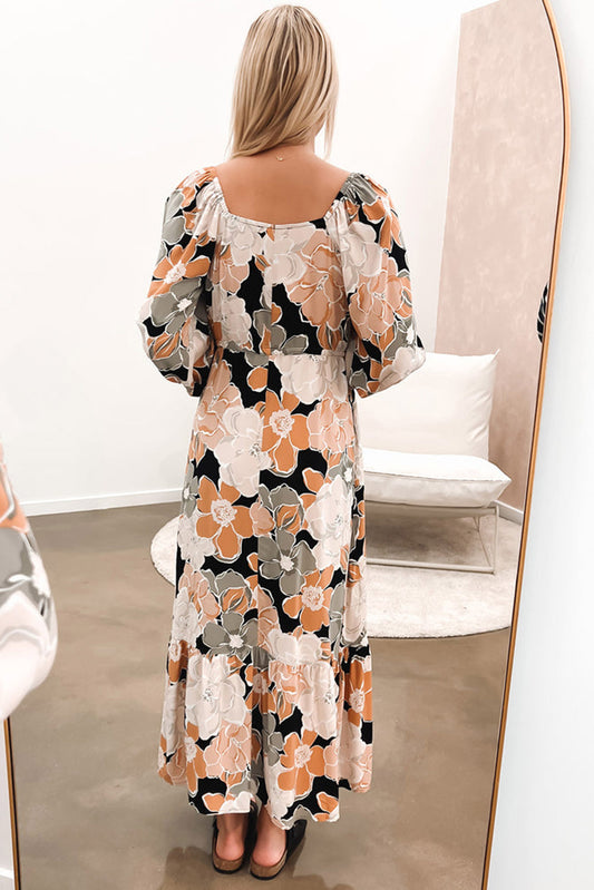 Floral Print Drawstring Waist Puff Sleeve Maxi Dress