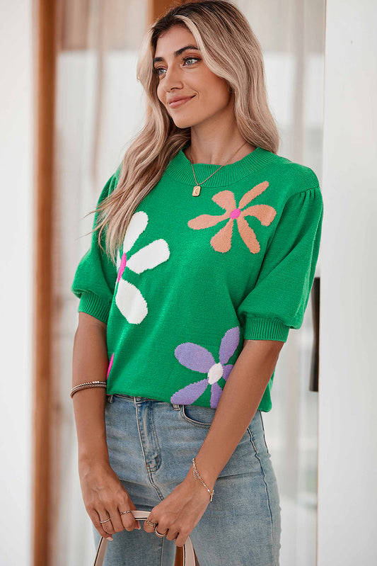 Bright Green Floral Bubble Short Sleeve Knitted Top