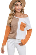 Orange Long Sleeve Colorblock Chest Pocket Textured Knit Top