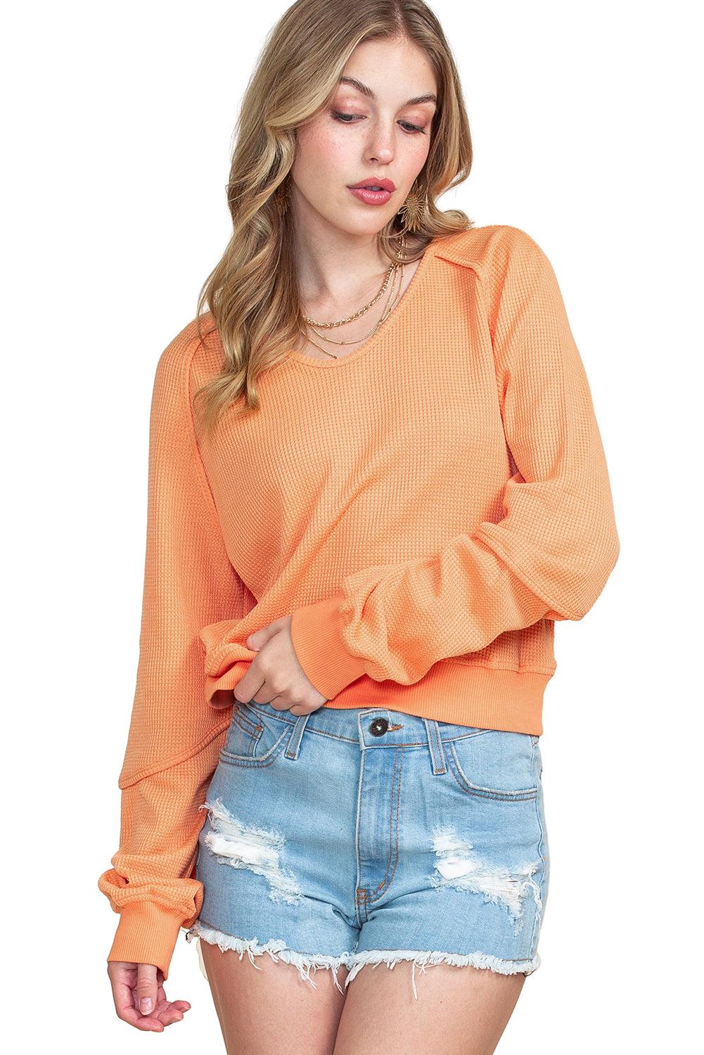 Orange Waffle Knit Exposed Seam Long Sleeve Top