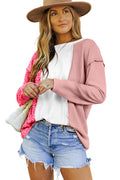 Pink and White Color Block Leopard Print Waffle Knit Long Sleeve Top