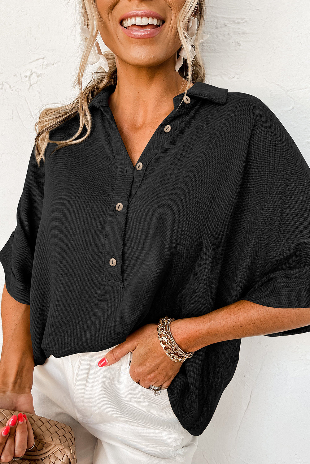 Black Collared Half Buttoned Batwing Sleeve Oversized Blouse