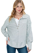 White and Black Striped Grommet Collared Thumbhole Long Sleeve Top