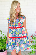 Pink Floral Printed V Notched Ric Rac Flutter Dress