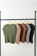 Gray Solid Cable Knit Short Sleeve Roun Neck Sweater