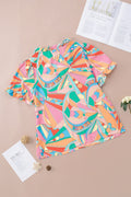 Multicolor Abstract Geometric Print Frilled V Neck Blouse