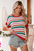 Fiery Red Striped Diamond Print Ruffle Sleeve Knit Top