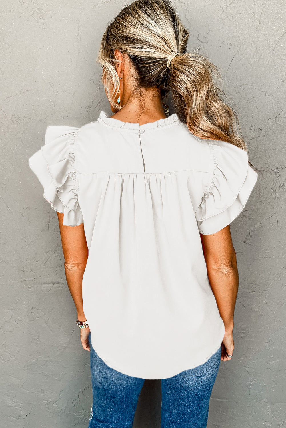 Grapefruit Orange Ruched Frilled Neck Ruffle Blouse