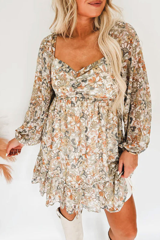 Floral Print Boho Ruched Sweetheart Neck Frilled Dress