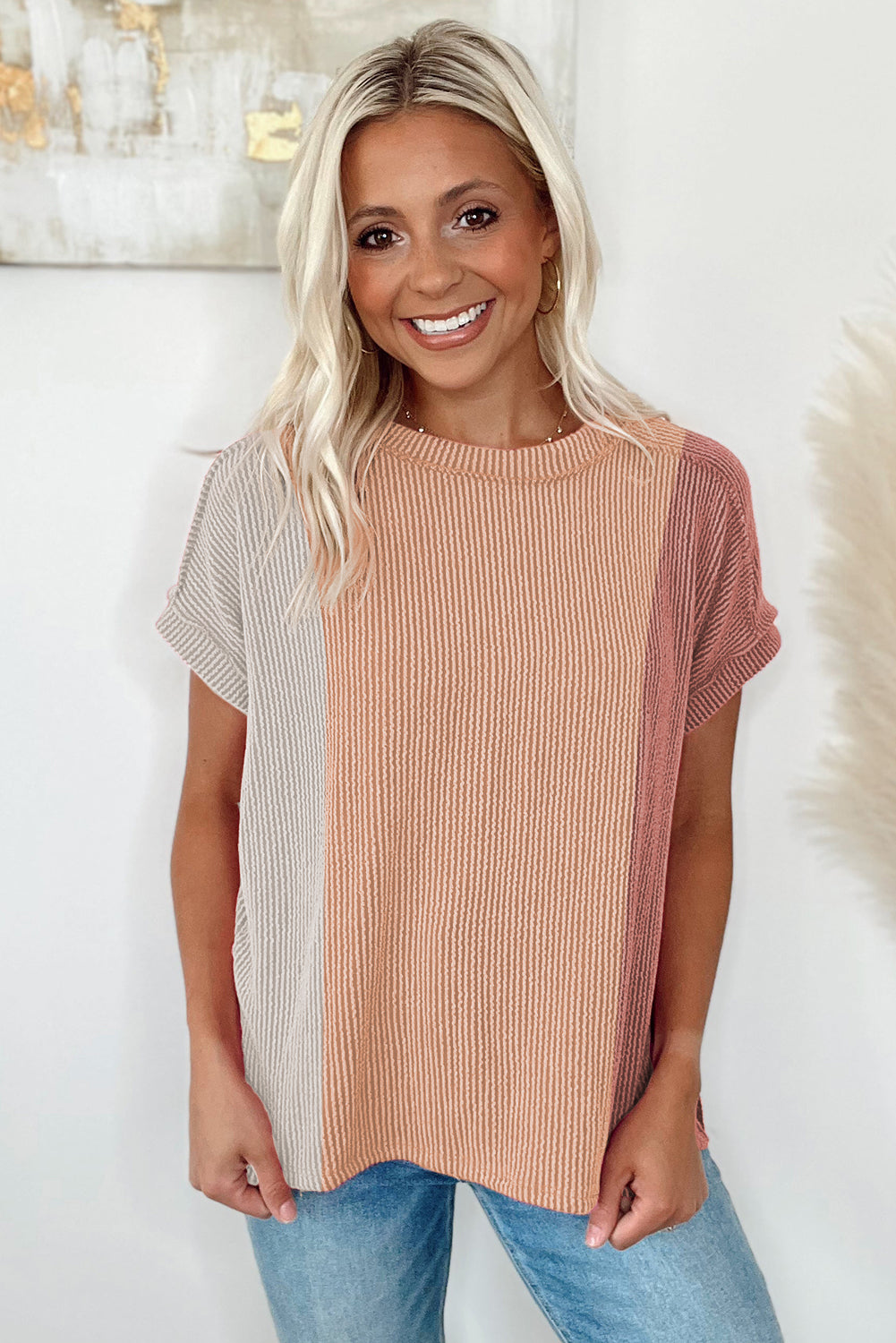 Apricot Pink Colorblock Ribbed Round Neck T Shirt