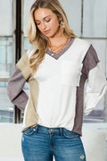 White Color Block Exposed Seam V Neck Long Sleeve Top