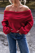 Racing Red Off Shoulder Ribbed Knit Sweater