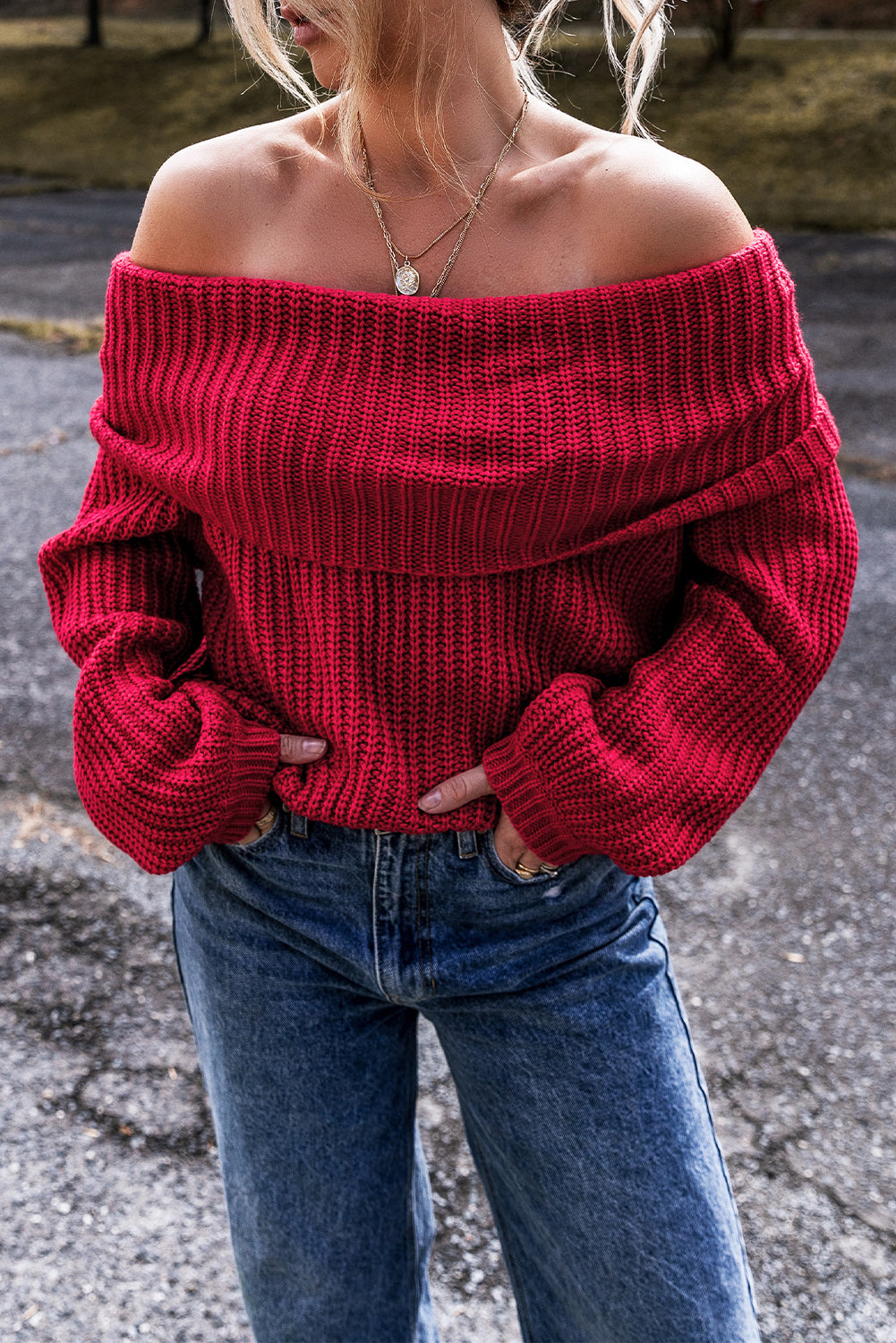 Racing Red Off Shoulder Ribbed Knit Sweater