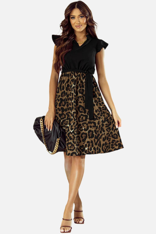 Black Leopard Print Flutter Sleeve Bow Belted Dress