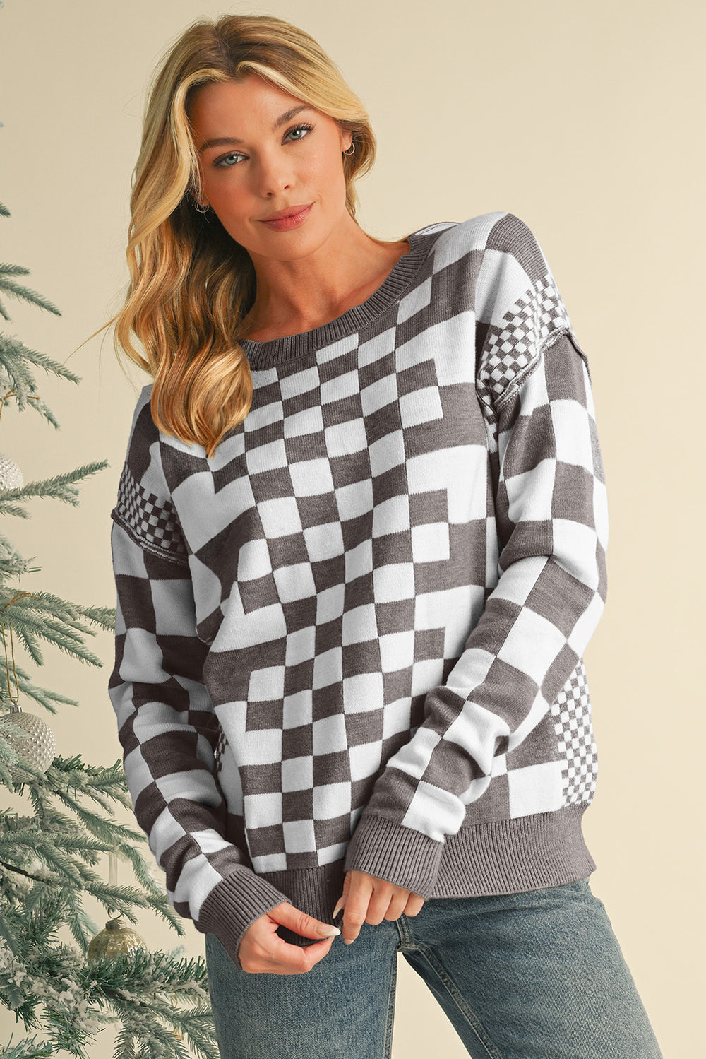 Black Checkered Drop Shoulder Round Neck Sweater