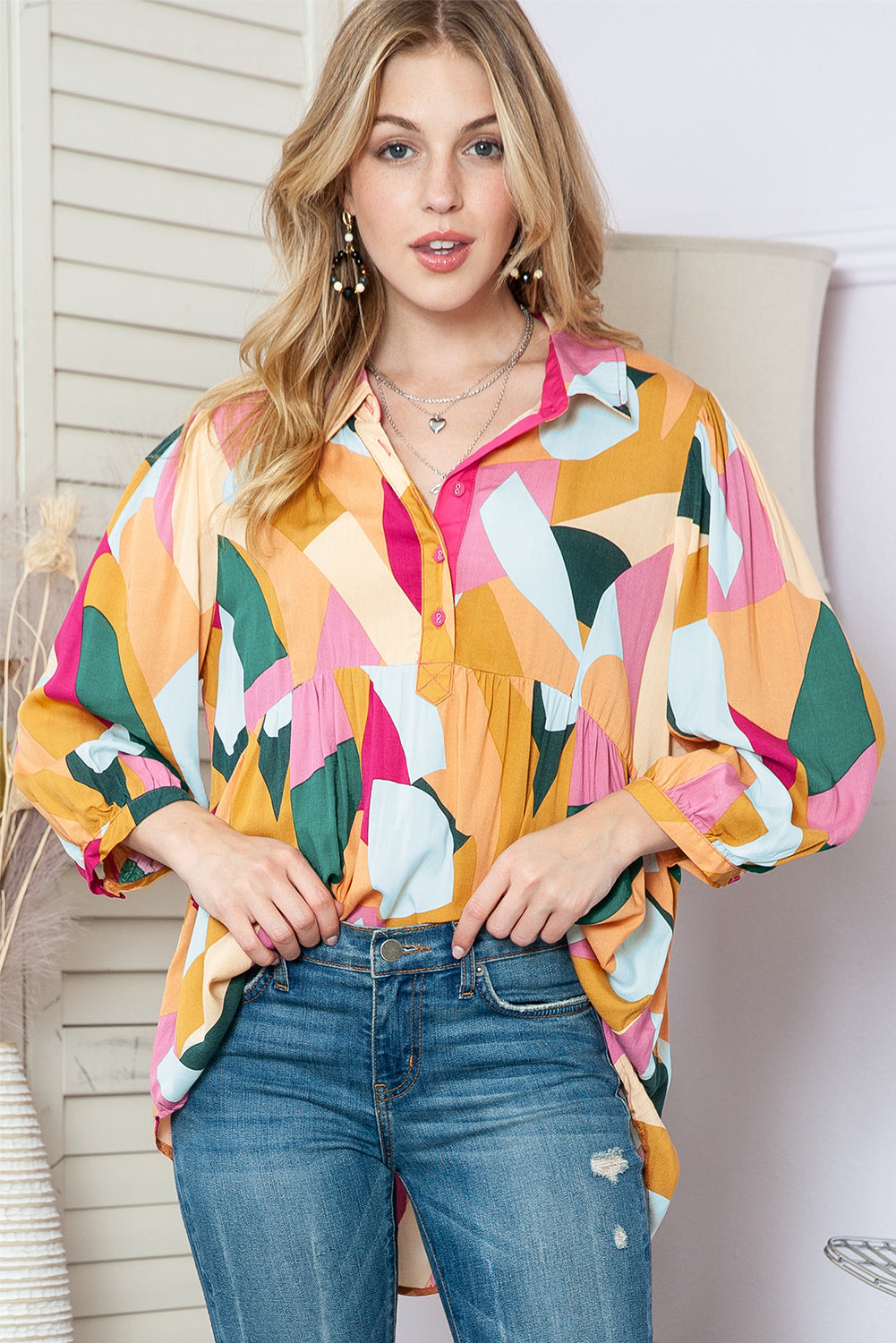 Multicolor Abstract Print 3/4 Sleeve Babydoll Blouse