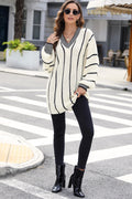 White Contrast V Neck Loose Tunic Sweater