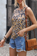 White Cheetah Print Sleeveless Crew Neck Tank Top for Women