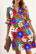 Multicolor Floral Print Mandarin Collar Short Sleeve Tunic Dress