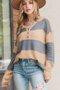 Khaki Colorblock Ribbed Contrast Trim Henley Sweater