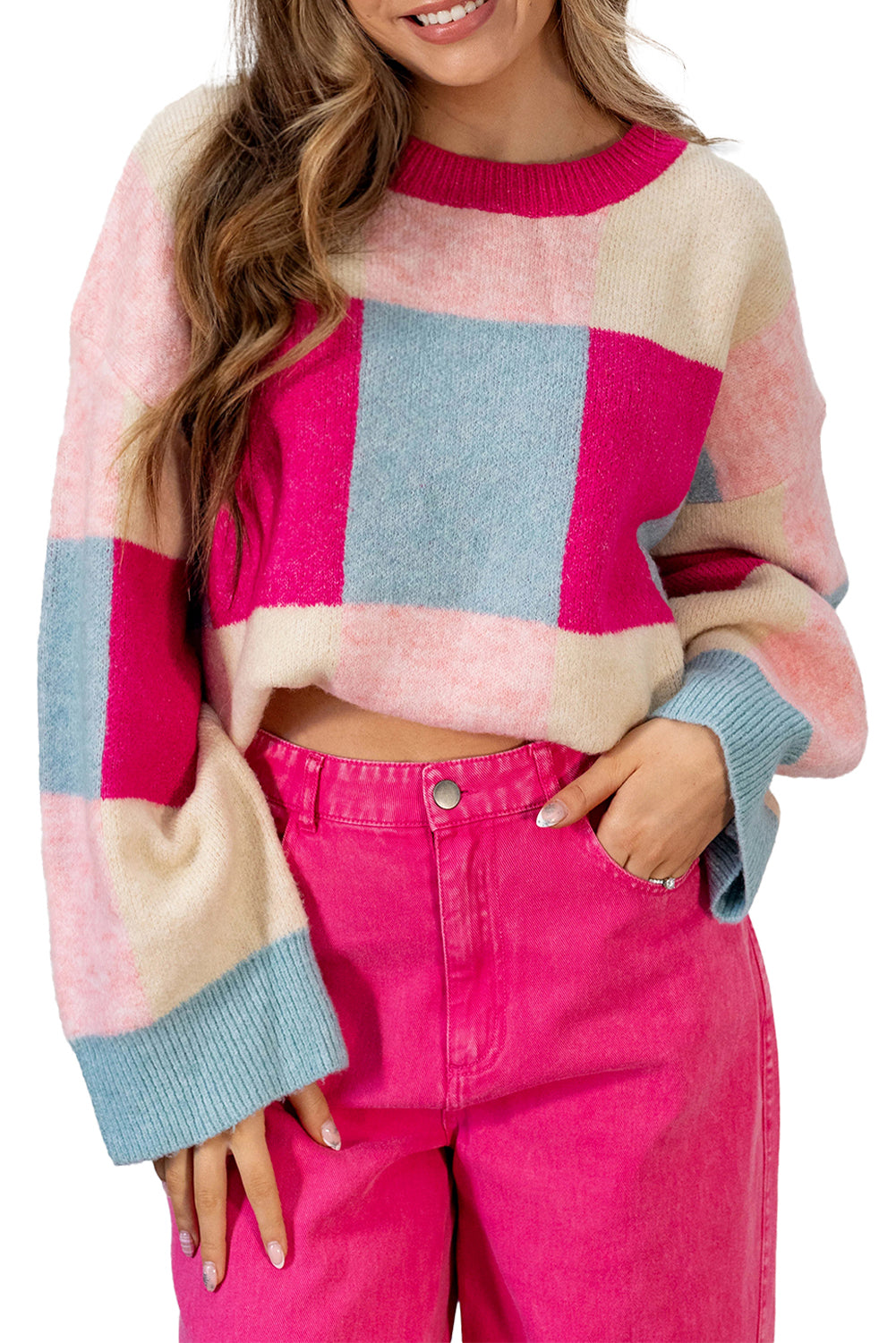 Rose Red Color Block Drop Shoulder Loose Fit Sweater