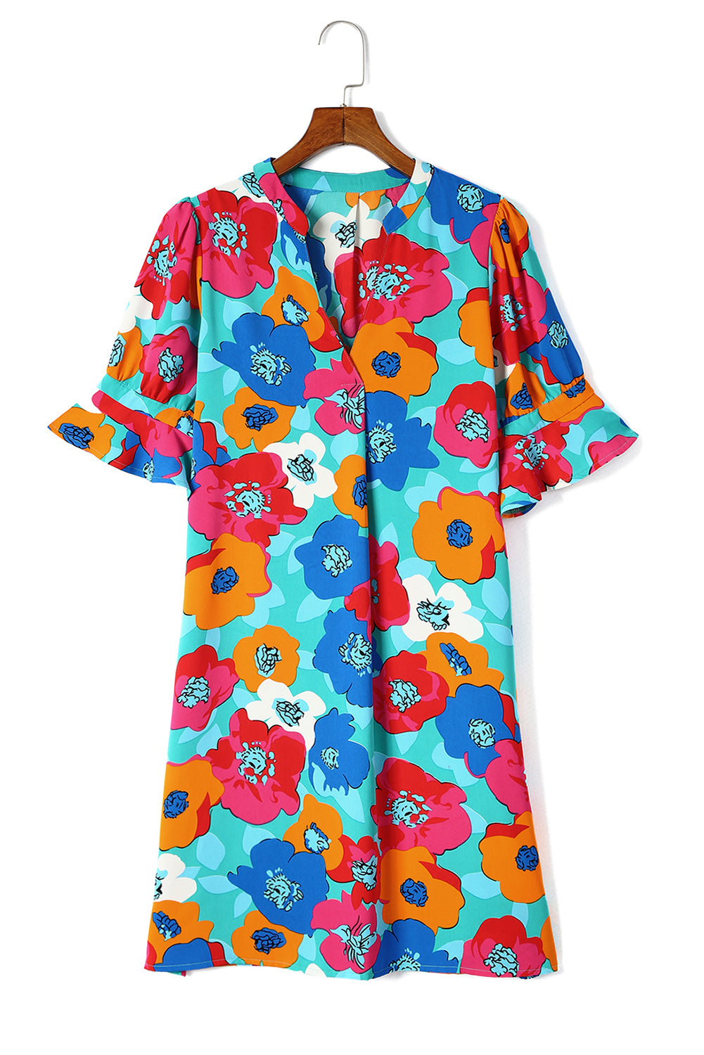 Multicolor Floral Print Mandarin Collar Short Sleeve Tunic Dress