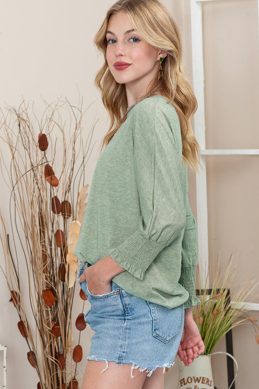 Green Plain Smocked 3/4 Sleeve Casual Loose T Shirt