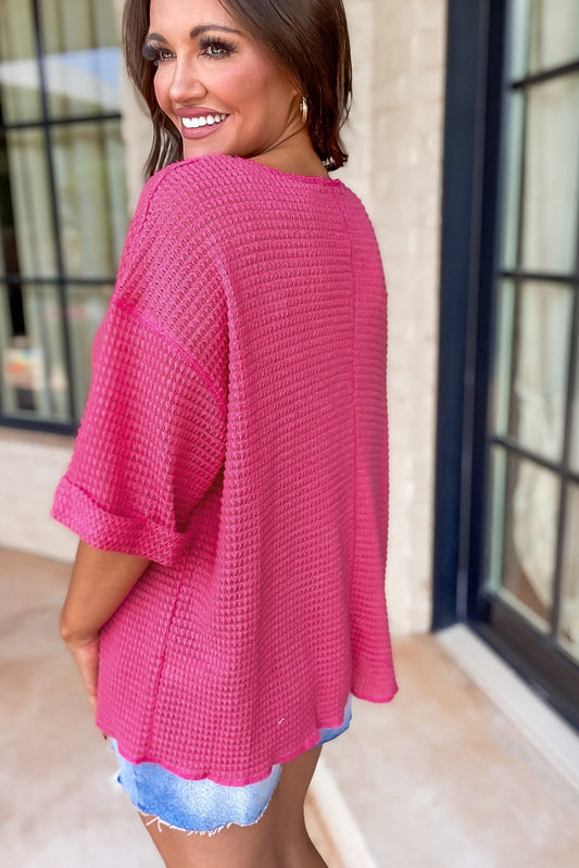 Strawberry Pink Textured Knit Split Neck Short Sleeve Top