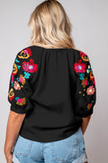 Beige Floral Embroidered Puff Sleeve Ricrac Textured Blouse