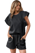 Black Textured Ruffle Sleeve Tee and Drawstring Shorts Set