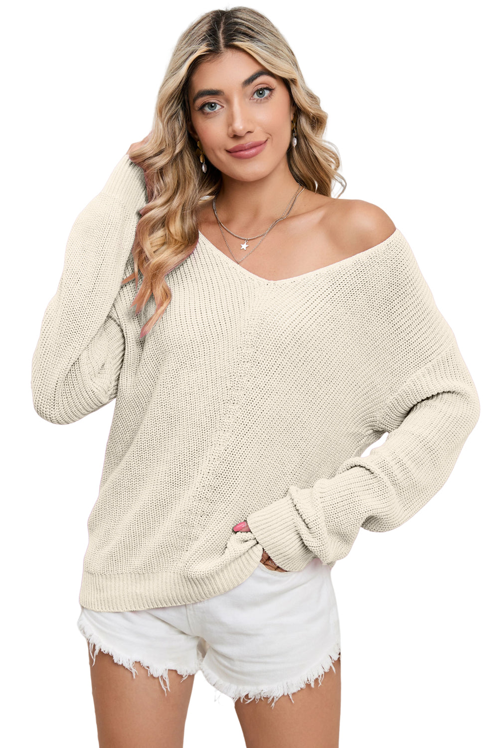 Pink Basic Ribbed Knit V Neck Sweater