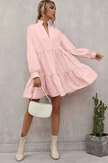 Pink Casual Stand V Neck Short Frill Dress