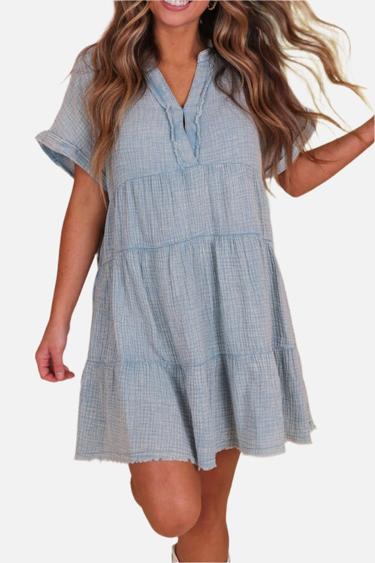 Beau Blue Mineral Wash Crinkle Split Neck Raw Hem Tiered Dress