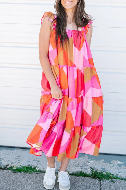 Rose Red Puff Sleeve Wavy Striped Shirt Dress