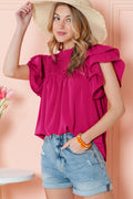 Grapefruit Orange Ruched Frilled Neck Ruffle Blouse