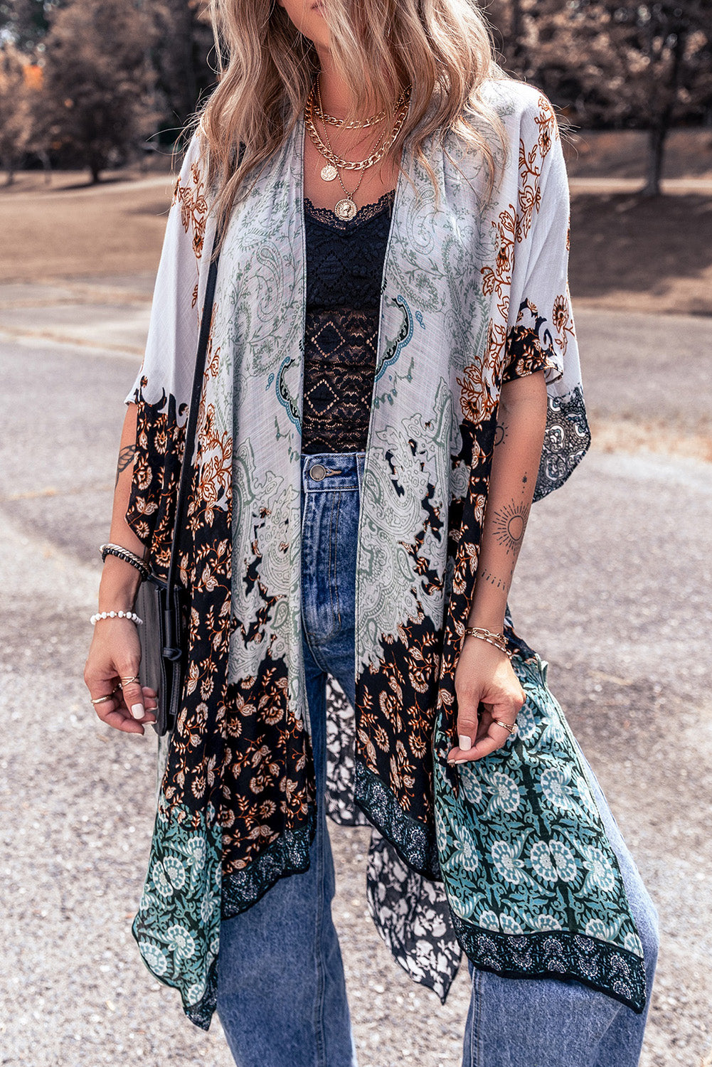 Green Boho Floral Print Irregular Hem Flowy Kimono