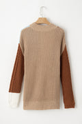 Khaki Mix Textured Knit Colorblock Mock Neck Sweater