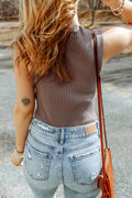 Smoke Gray Ribbed Knit Crew Neck Sleeveless Top