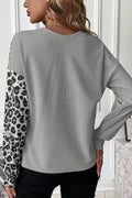 Pale Khaki Casual Waffle Knit Leopard Contrast Long Sleeve Top