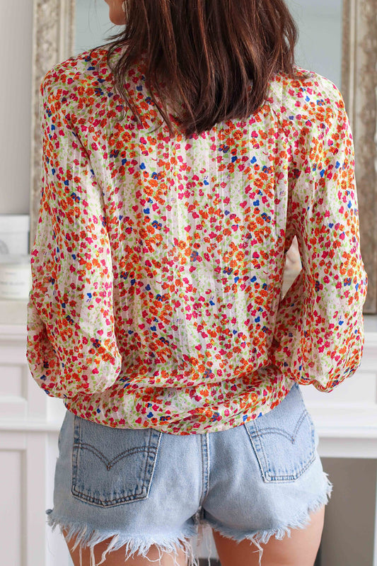 Multicolor Floral Print Boho Button Up Lantern Sleeve Blouse